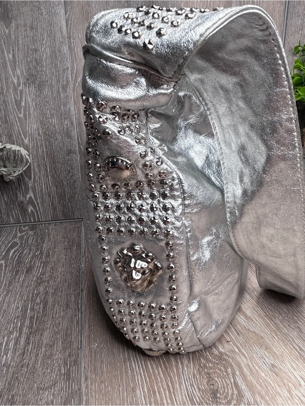 Bags by Pinky • Metallic Silver Studded Shoulder Bag • Genuine Leather •USA Made - Picture 3 of 12